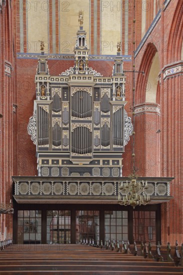 Organ of St. Nikolai Church, UNESCO, Interior view, Brick Gothic, Brick church, St. Nikolai, Wismar, Mecklenburg-Western Pomerania, Germany