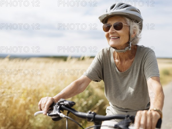 An elderly lady, a senior citizen with a bicycle helmet, rides a bicycle and smiles in a friendly manner, AI generated, AI generated