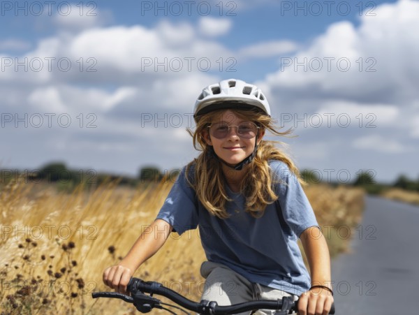 A girl with a bicycle helmet rides a bicycle and smiles friendly into the camera, AI generated, AI generated