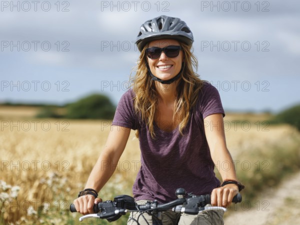 A young woman with a bicycle helmet rides a bicycle and smiles friendly into the camera, AI generated, AI generated