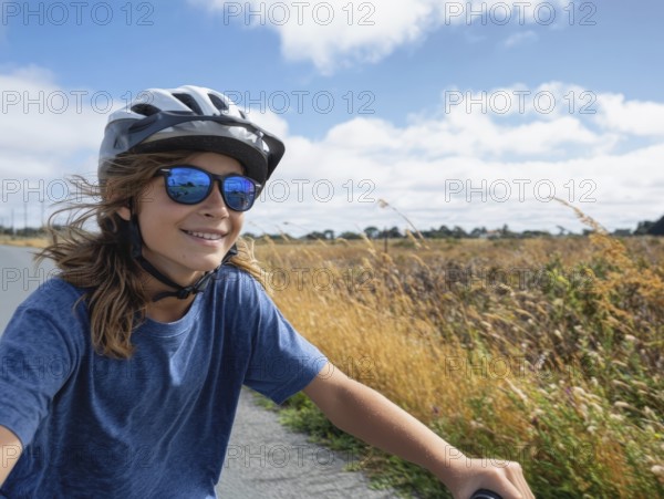 A girl with a bicycle helmet rides on a bicycle and smiles friendly, AI generated, AI generated