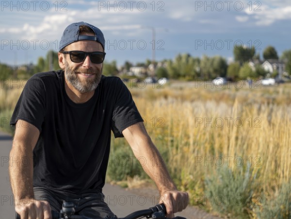 A middle-aged man rides a bicycle and smiles friendly into the camera, AI generated, AI generated