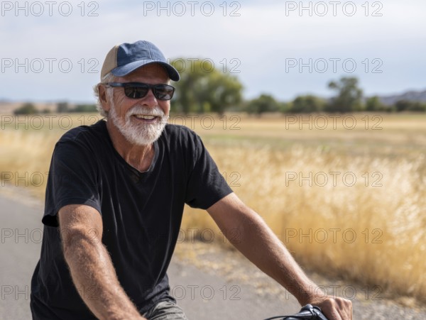 A man, senior citizen rides a bicycle and smiles friendly into the camera, AI generated, AI generated
