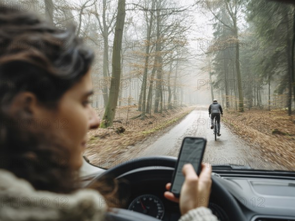 A car driver looks at her smartphone while driving and puts herself and the cyclist in front in danger. Carelessness, recklessness, distraction in road traffic, accident risk, AI generated, AI generated