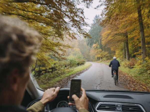 A car driver looks at his smartphone while driving and puts himself, the cyclist in front and oncoming traffic in danger. Carelessness, recklessness, distraction in road traffic, accident risk, AI generated, AI generated