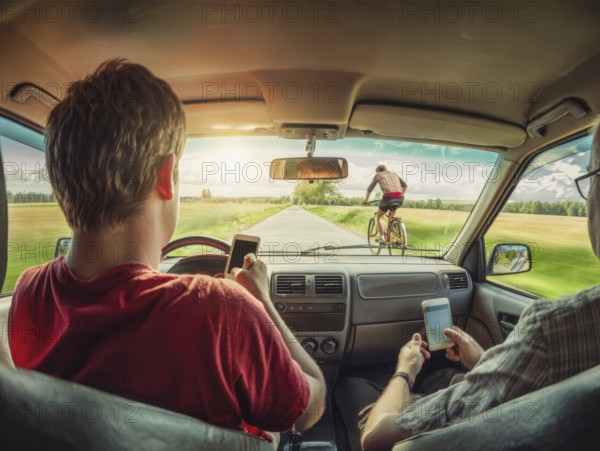 A car driver and his passenger look at their smartphones while driving and endanger themselves and the cyclist in front. Carelessness, recklessness, distraction in road traffic, accident risk, AI generated, AI generated