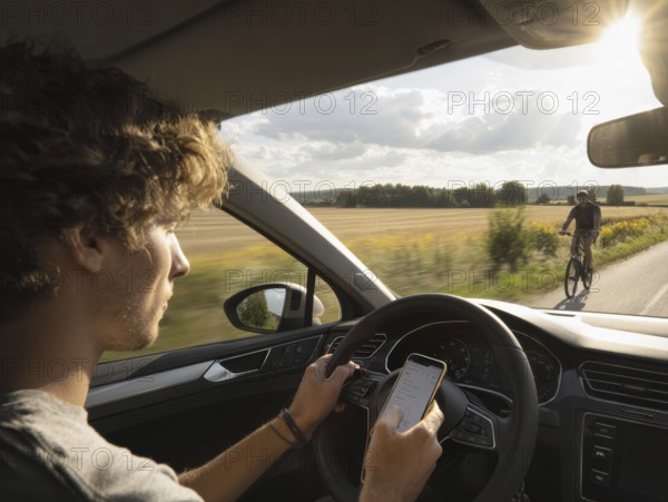 A car driver is dazzled by the sun and looks at his smartphone while driving, putting himself, the cyclist in front and oncoming traffic in danger. Carelessness, recklessness, distraction in road traffic, accident risk, AI generated, AI generated