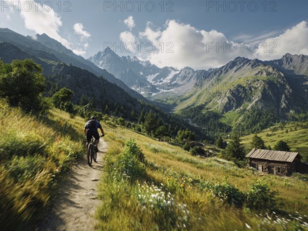 A single mountain biker quickly rides a trail in the high mountains, motion blur, AI generated, AI generated