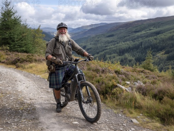 A senior, Highlander with a Scottish kilt sits on a mountain bike, e-bike, pedelec, AI generated, AI generated