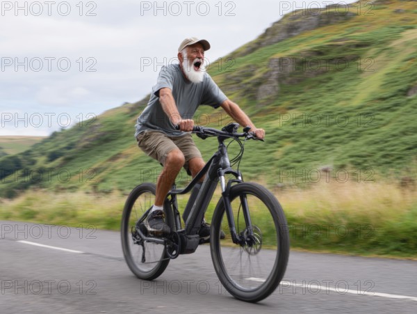 A senior citizen rides a mountain bike, e-bike, pedelec on a sloping road in a rural area, motion blur, AI generated, AI generated