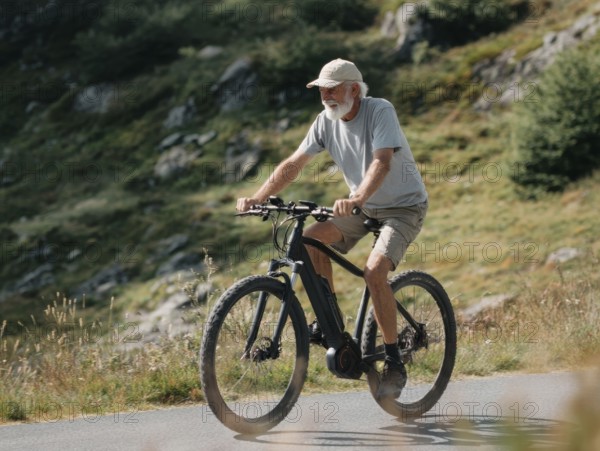 A senior citizen rides a mountain bike, e-bike, pedelec on an Alpine pass in the Alps, AI generated