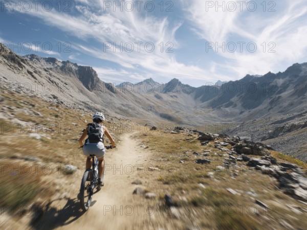A single female mountain biker quickly rides a trail in the high mountains, motion blur, AI generated, AI generated
