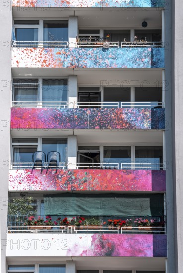 High-rise residential building, in Essen-Steele, with colourfully designed façade, balcony balustrades, after renovation, North Rhine-Westphalia, Germany