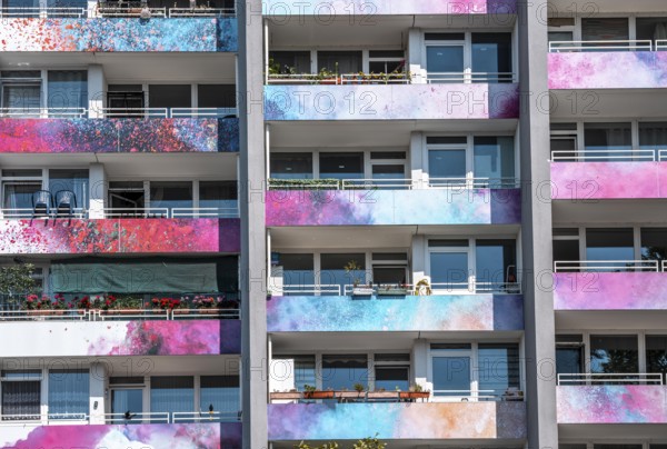 High-rise residential building, in Essen-Steele, with colourfully designed façade, balcony balustrades, after renovation, North Rhine-Westphalia, Germany