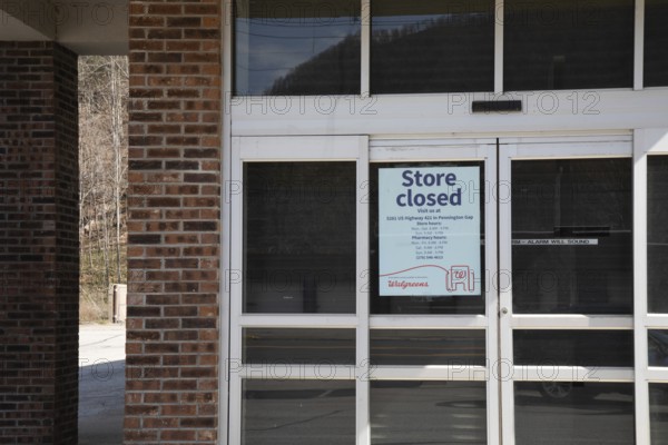 Cumberland, Kentucky - A closed Walgreens drug store in the mountains of eastern Kentucky. A sign directs shoppers to the nearest open store, an hour's drive away in Virginia