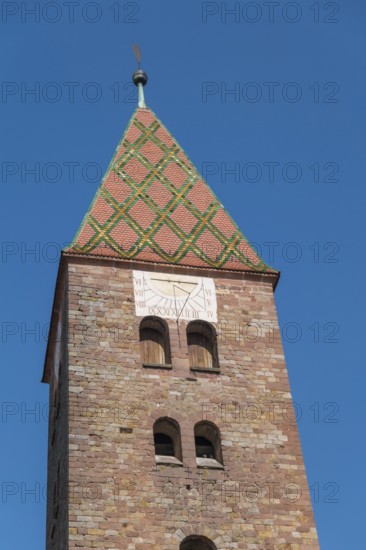 A tower with sundial, Collegiate Church of St Peter and Paul, Abbatiale Saints Pierre et Paul, Wissembourg, Northern Vosges nature park Park, Vosges, Alsace, France