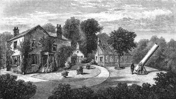 Residence and telescope of James Nasmyth (born 19 August 1808 in Edinburgh, died 7 May 1890 in London), Scottish engineer and inventor of the steam hammer, Historic, digitally restored reproduction from a 19th century original, Record date not stated