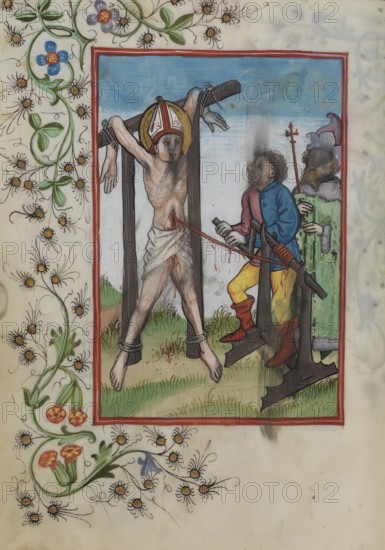 Martyrdom of St Erasmus, Elmo or Ermo, (born around 240 in Antioch, died 303 in Formia) was a bishop and martyr who died through torture, tortures such as disembowelling. He is venerated as a saint in the Roman Catholic Church, Historical, digitally restored reproduction from a 19th century original, Record date not stated