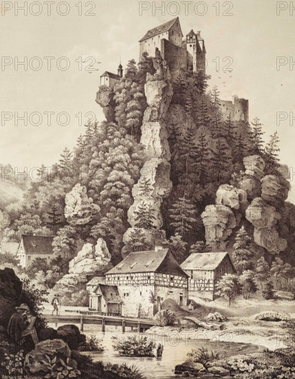Castle Rabeneck around 1840, high medieval aristocratic castle, above the valley of the Wiesent in Franconian Switzerland, Upper Franconia, Bavaria, Germany, Historical, digitally restored reproduction from a 19th century original, Record date not stated