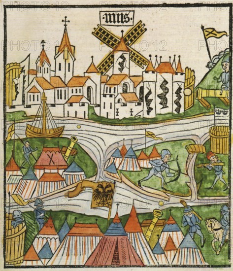 The siege of Neuss lasted from 29 July 1474 to the end of May 1475 and was a central part of the Cologne Collegiate Feud and the Burgundian Wars, North Rhine-Westphalia, Germany, Historical, digitally restored reproduction from a 19th century original, Record date not stated