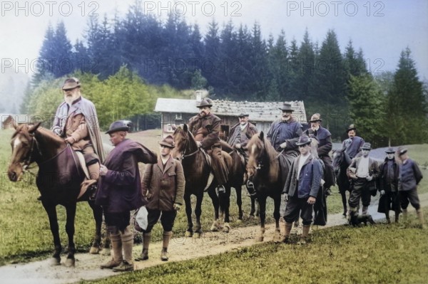 Luitpold Karl Joseph Wilhelm of Bavaria (born 12 March 1821 in Würzburg, died December 1912 in Munich) was Prince Regent of the Kingdom of Bavaria from 1886 until his death, here with a hunting party on horseback, Historical, digitally restored reproduction from a 19th century original, Record date not stated