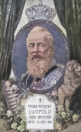 Luitpold Karl Joseph Wilhelm of Bavaria (born 12 March 1821 in Würzburg, died December 1912 in Munich) was Prince Regent of the Kingdom of Bavaria from 1886 until his death, Mourning postcard after his death, Historical, digitally restored reproduction from a 19th century original, Record date not stated
