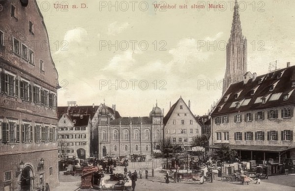The Weinhof with the synagogue in Ulm, in front of 1927, Baden-Württemberg, Germany, Historical, digitally restored reproduction from a 19th century original, Record date not stated