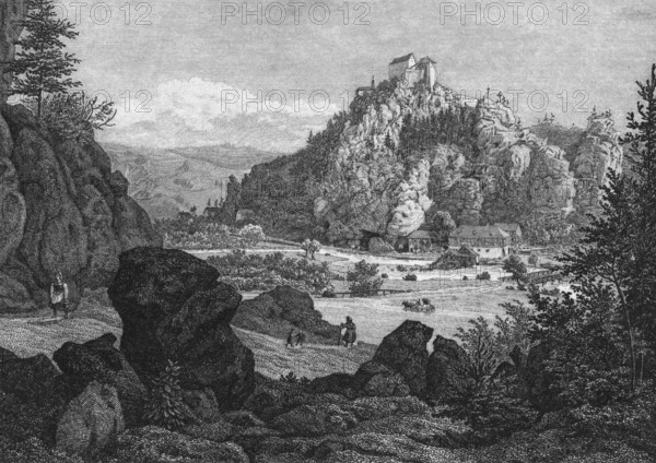 Castle Rabeneck around 1850, high medieval aristocratic castle, above the valley of the Wiesent in Franconian Switzerland, Upper Franconia, Bavaria, Germany, Historical, digitally restored reproduction from a 19th century original, Record date not stated