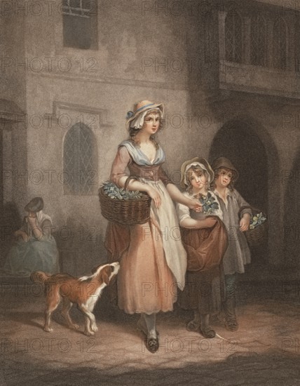 Young woman selling flowers with a dog and two children, selling flowering primroses from a basket, England, c. 1790, Painting by Francis Wheatley (1747 - 1801), English painter, Historic, digitally restored reproduction from a 19th century original, Record date not stated