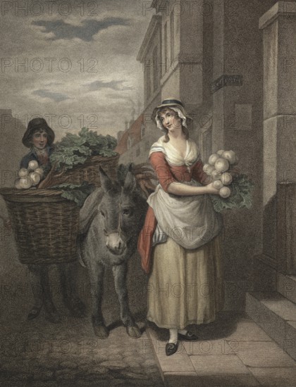 Young woman, greengrocer with turnips and carrots, in a basket on a donkey, goes from house to house offering her wares, England, c. 1790, Painting by Francis Wheatley (1747 - 1801), English painter, Historical, digitally restored reproduction from a 19th century original, Record date not stated
