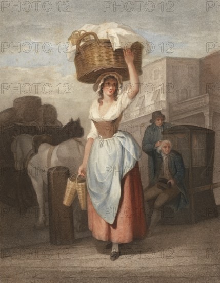 Young woman, merchant with a large basket on her head, on her way to market, England, c. 1790, Painting by Francis Wheatley (1747 - 1801), English painter, Historic, digitally restored reproduction from a 19th century original, Record date not stated