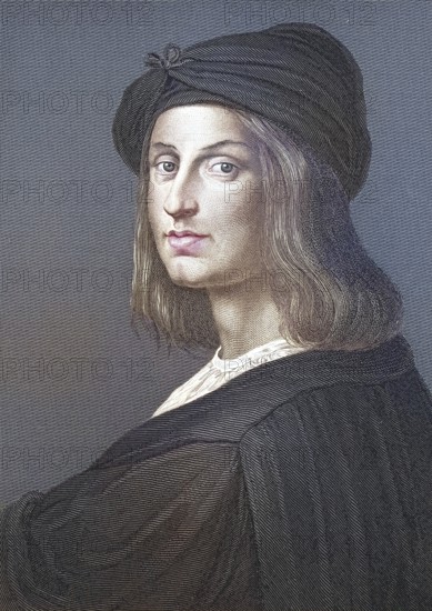 Raffaello Sanzio da Urbino, also Raphael da Urbino, Raffaello Santi, Raphael (born 6 April or 28 March 1483, died April 1520 in Rome), Italian painter and architect, digitally restored reproduction of an old original, historical, exact date unknown