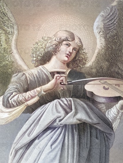 Music-making angel with a violin, An angel with curly hair plays the violin, surrounded by a heavenly glow, Renaissance style, after a painting by Melozzo da Forli, digitally restored reproduction of an old original, Historical, exact date unknown