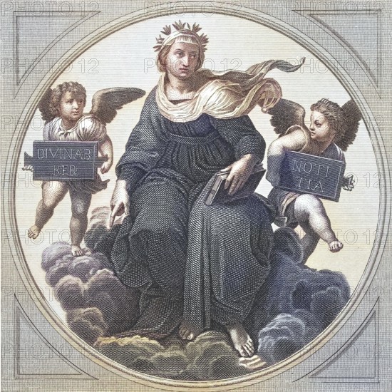 Symbolism of theology, An angel with books and putti on clouds, symbolising knowledge and inspiration, after a painting by Raphael, Vatican, Rome, Italy, digitally restored reproduction of an old original, historical, exact date unknown