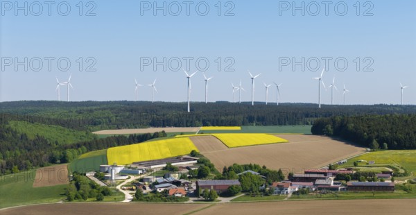Idyllic landscape with wind turbines and blossoming rape fields in a small village, near Böhmenkirch, Swabian Alb, Baden-Württemberg, Germany