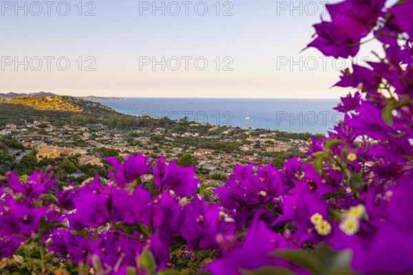 From the hilly hinterland you have an unobstructed view over the Costa Rei, a south-eastern coastal section of the Italian Mediterranean island of Sardinia, Sardinia, Costa Rei, Italy