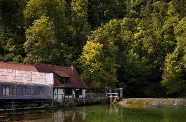 Construction site at the Blautopf, scaffolding, scaffolded mill without mill wheel, water wheel, Blaubeuren, Baden-Württemberg, Germany