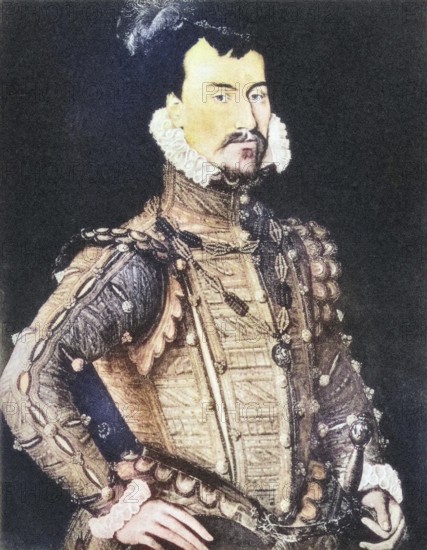 Robert Dudley, 1st Earl of Leicester, ca. 1532/1533 to 1588, 28 years old. English nobleman, favourite and close friend of Elizabeth I, digitally restored reproduction of a 19th century original (coloured), historical, exact date unknown
