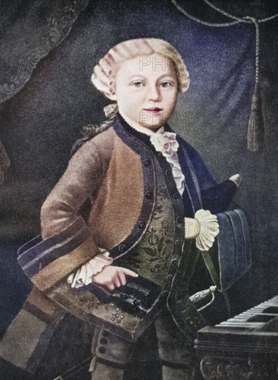 Wolfgang Amadeus Mozart, 1756 - 1791, as a child. Austrian composer and musician. By Mozart, published in 1935, digitally restored reproduction of a 19th century original (coloured), historical, exact date unknown