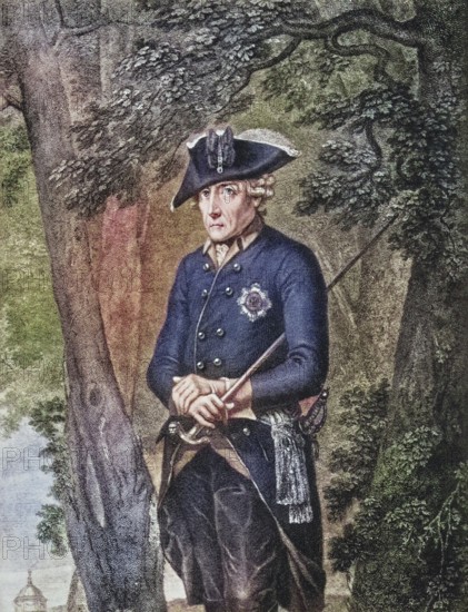 Frederick II, 1712 to 1786, King of Prussia (1740 to 1786) of the Hohenzollern dynasty. From Books and Characters, French and English, published in 1924, digitally restored reproduction of a 19th century original (coloured), historical, exact date unknown