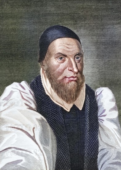 William Forbes, 1585 to 1634, Scottish clergyman and first Bishop of Edinburgh. From Iconographia Scotica or Portraits of Famous Personages of Scotland, published in 1797, digitally restored reproduction of a 19th century original (coloured), historical, exact date unknown