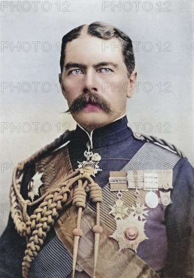 Lord Kitchener in 1896, when he held the position of Sirdar of the Egyptian Army as Brigadier General Sir H. H. Kitchener. Field Marshal Horatio Herbert Kitchener, 1st Earl Kitchener, 1850 to 1916, British field marshal. From Field Marshal Lord Kitchener, his life and work for the Empire, published in 1916, digitally restored reproduction of a 19th century original (coloured), historical, exact date unknown