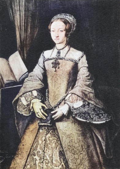 The thirteen-year-old Lady Elizabeth, later Elizabeth I, 1533 to 1603, reigning Queen of England and Ireland from 17 November 1558 until her death, also known as the Virgin Queen, Gloriana or Good Queen Bess, digitally restored reproduction of a 19th century original (coloured), historical, exact date unknown