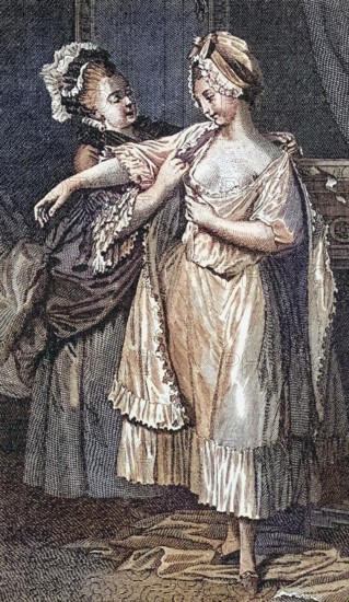 Mary Robinson, the mistress of George IV, ready to receive the Duke of Chartres. Mary Robinson, née Darby, 1757-1800, English actress, poet, playwright and novelist, nicknamed Perdita. From the Illustrierte Sittengeschichte vom Mittelalter bis zur Gegenwart by Eduard Fuchs, published in 1909, digitally restored reproduction of an original (coloured) from the 19th century, historical, exact date unknown
