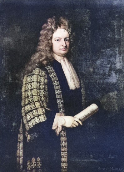 Robert Harley, 1st Earl of Oxford and Earl Mortimer, 1661 to 1724, British politician and statesman, digitally restored reproduction of an original (coloured) from the 19th century, historical, exact date unknown