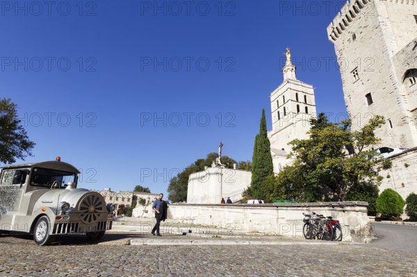 Strollers in front of the Palace of the Popes, tourist railway, old town, Avignon, Vaucluse, France