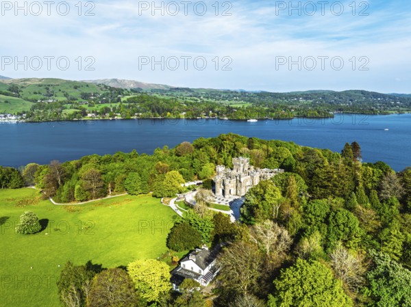 Wray Castle from a drone, Lake Windermere, Ambleside, Lake District, Cumbria, England, United Kingdom