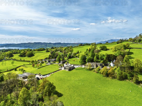 Farms and Fields from a drone, Townend house, Troutbeck, Windermere, Lake District, Cumbria, UK