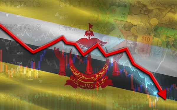 Brunei financial fall on economy market. Brunei financial crisis on economic graph