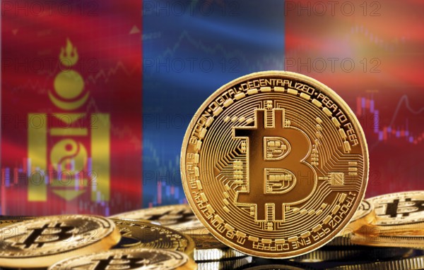 Investors in cryptocurrency and Blockchain Technology in Mongolia, Concept. Bitcoin with Mongolia flag in the background